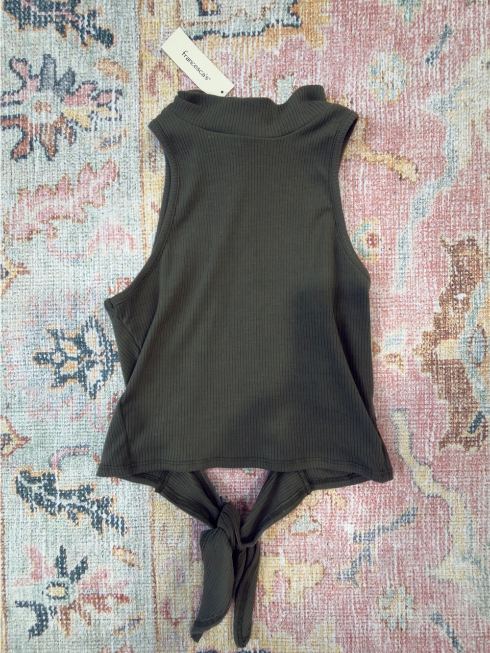 NWT Francesca's Collections Olive Ribbed Mock Neck Tie-Back Tank